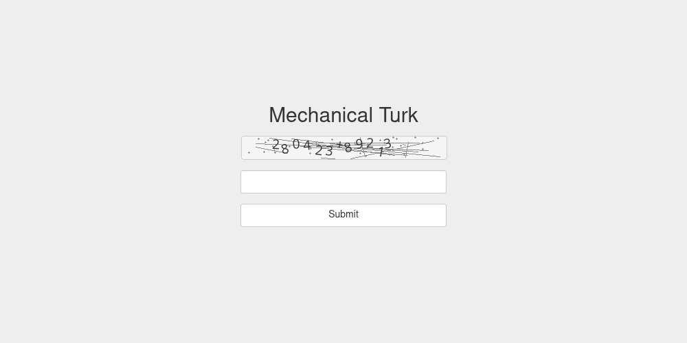 Web page titled "Mechanical Turk" with a CAPTCHA, text input field and submit button