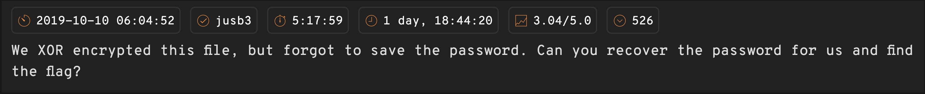 Text reads: "We XOR encrypted this file, but forgot to save the password. Can you recover the password for us and find the flag?"