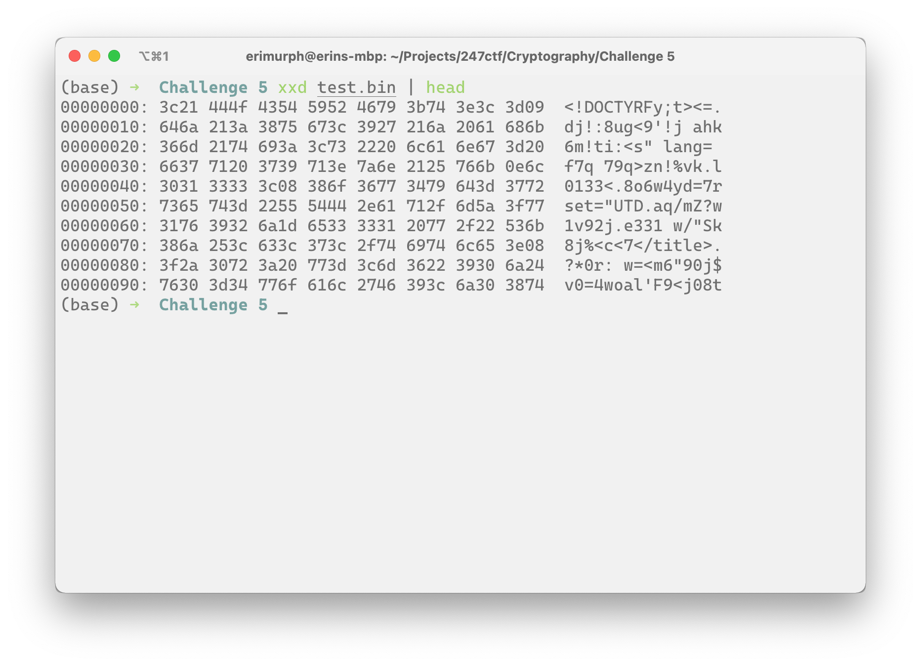 Screenshot of terminal emulator with hexdump output of our decryption attempt. First 7 bytes are <!DOCTY